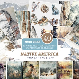 Op de afbeelding: Een verzameling aquarel illustraties en digitale papieren met een Native American thema. De afbeeldingen bevatten portretten, dieren en landschappen, met de tekst "MORE THAN 40 JOURNAL PAGES, DIGITAL PAPERS, CLIPARTS AND BOOKMARKS" en "NATIVE AMERICA JUNK JOURNAL KIT."