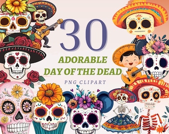 30 Day of the Dead Clipart Halloween Fiesta Decor Sugar Skull PNG Mexican Folklore Día de Los Muertos Sticker Illustrations Catrina Artwork