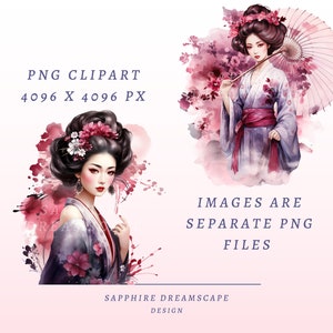 May include: Watercolor illustrations of Japanese geishas in traditional attire, surrounded by cherry blossoms. The images are in PNG format, with the text "PNG Clipart 4096 X 4096 PX" and "Images are separate PNG files". The design is by Sapphire Dreamscape.