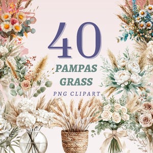 40 imágenes prediseñadas de hierba de la pampa, PNG transparentes de alta calidad, descarga instantánea, uso comercial: ilustraciones de flores secas, diseño de naturaleza pastel