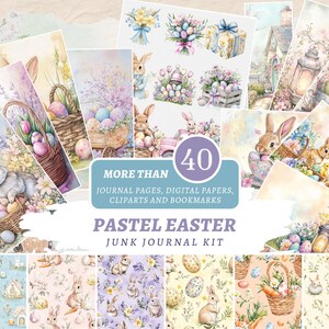 Pastellfärgat påskskräpjournalkit, kaninklipppapper, utskrivbart vårpaket, digital nedladdning