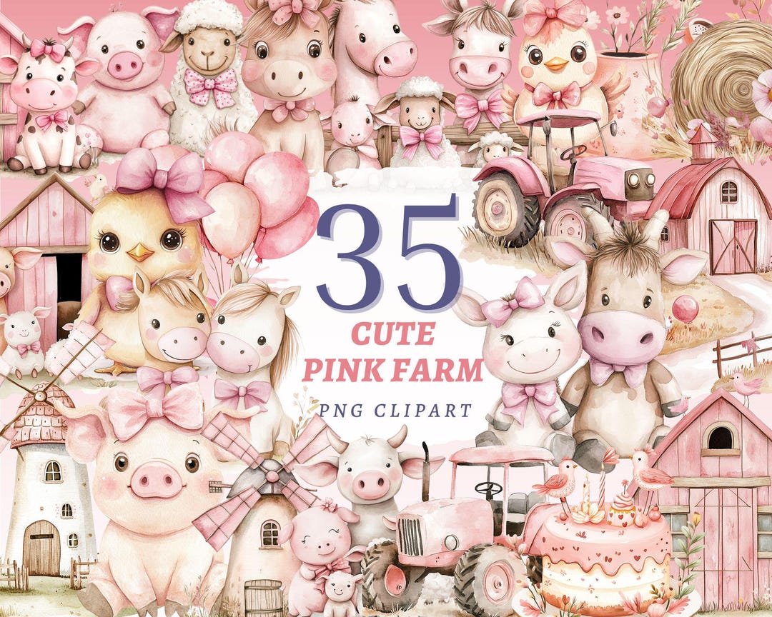 35 Cute Pink Farm Animals Clipart Nursery Baby Shower PNG Bundle Cow ...