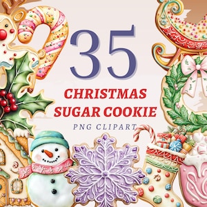 Op de afbeelding: Een verzameling van 35 PNG clipart-afbeeldingen van kerstsuikerkoekjes. De afbeelding toont verschillende feestelijke koekjes, waaronder een rendier, sneeuwpop, peperkoekhuisje, sneeuwvlok en kous, allemaal met kleurrijke glazuur en versieringen.
