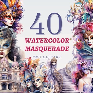 40 aquarel maskerade clipart, hoge kwaliteit transparante png's, instant download, commercieel gebruik - afbeeldingen carnaval maskers, nar printables