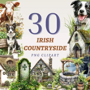 30 Irish Countryside Clipart Watercolor Green Fields Printable Ireland Landscape Graphics Set of Mountain Scenery for Scrapbooking Art Kit