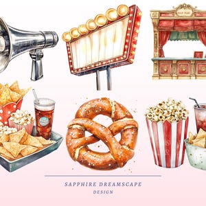May include: Watercolor illustration of cinema-themed items. Includes a silver megaphone, a marquee sign, a ticket booth, popcorn, nachos, a pretzel, and a soda. The image has a vintage, hand-painted style with a light pink background.