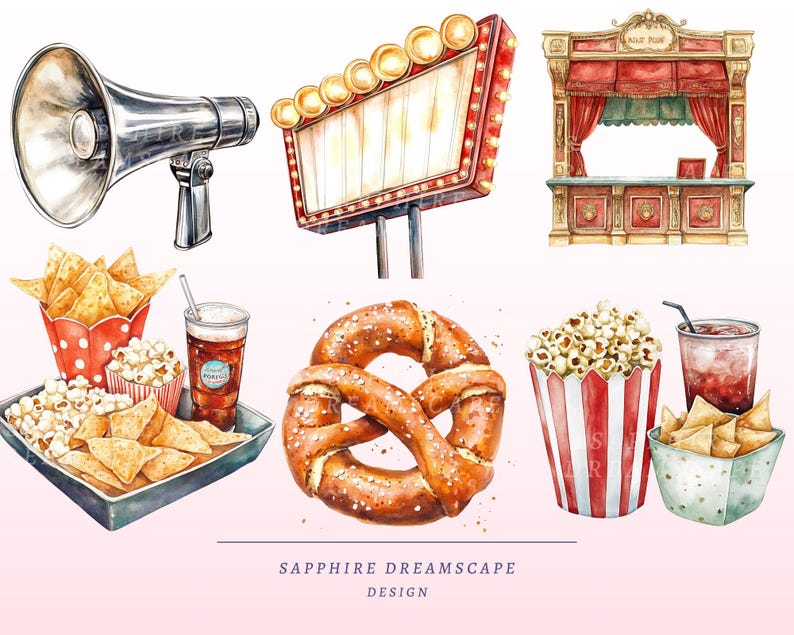 May include: Watercolor illustration of cinema-themed items. Includes a silver megaphone, a marquee sign, a ticket booth, popcorn, nachos, a pretzel, and a soda. The image has a vintage, hand-painted style with a light pink background.