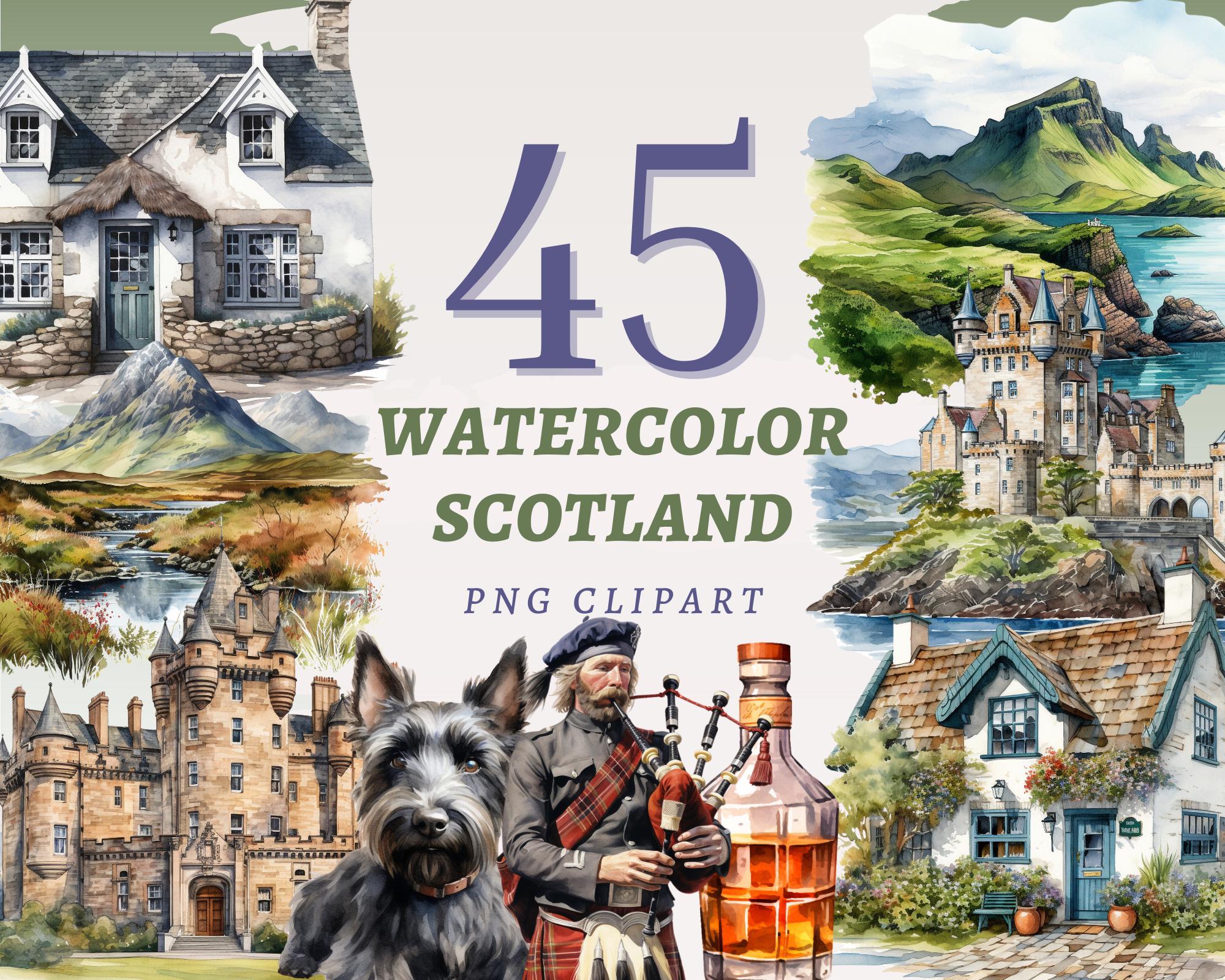 45 Watercolor Scotland Clipart, High Quality Transparent PNGs, Instant Download, Commercial Use - Scottish Highlands, Countryside cottage
