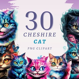 30 cliparts chat du Cheshire, PNG transparents de haute qualité, téléchargement immédiat, usage commercial - graphismes au pays des merveilles, png de chats effrayants, scrapbooking