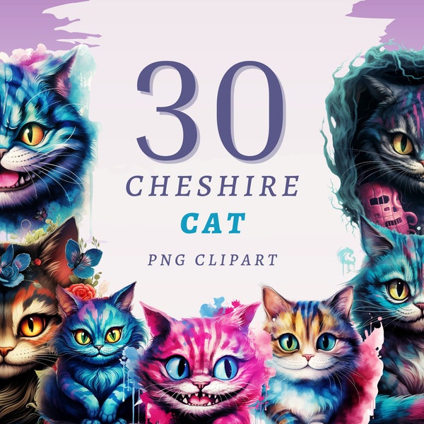 30 Grinsekatzen Clipart, hochwertige transparente PNG Dateien, Sofort Download, kommerzielle Nutzung - Wunderland Grafiken, gruselige Katzen Png, Scrapbook