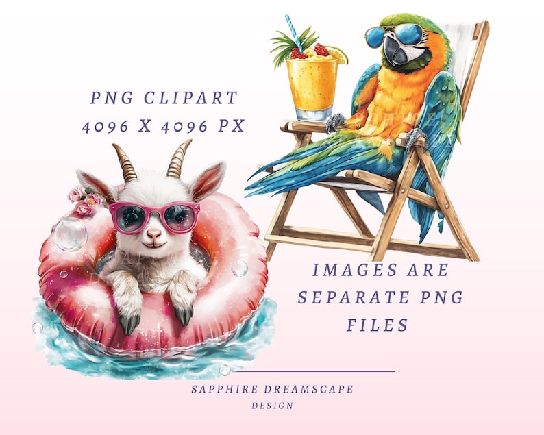 May include: A watercolor illustration of a goat wearing pink sunglasses and a pink inflatable ring floating in blue water. A blue and yellow parrot wearing sunglasses sits on a wooden beach chair with a tropical drink.