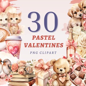 30 cliparts pastel de la Saint-Valentin, PNG transparents de haute qualité, téléchargement immédiat, usage commercial - oeuvres d'art de la Saint-Valentin, amour des couples et fleurs