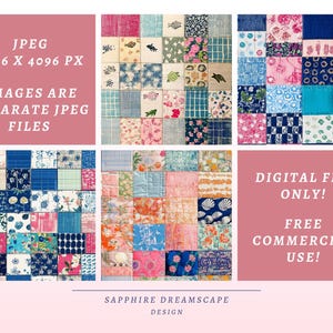 May include: A collection of fabric squares in various patterns and colors, including floral, geometric, and marine life designs. The image includes text that reads "JPEG 4096 X 4096 PX IMAGES ARE SEPARATE JPEG FILES" and "DIGITAL FILE ONLY! FREE COMMERCIAL USE!"