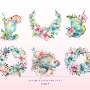K&ouml;nnte beinhalten: Aquarell-Illustrationen von tropischen Blumen, Fischen und Cocktails. Die Illustrationen sind in einer Kranzform und in den Farben Blau, Rosa und Gr&uuml;n gehalten. Der Text "SAPPHIRE DREAMSCAPE DESIGN" befindet sich am unteren Rand des Bildes.