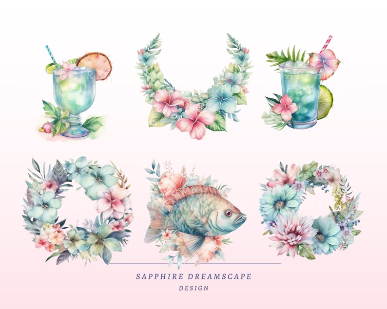 K&ouml;nnte beinhalten: Aquarell-Illustrationen von tropischen Blumen, Fischen und Cocktails. Die Illustrationen sind in einer Kranzform und in den Farben Blau, Rosa und Gr&uuml;n gehalten. Der Text "SAPPHIRE DREAMSCAPE DESIGN" befindet sich am unteren Rand des Bildes.