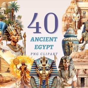 Puede incluir: Un conjunto de 40 imágenes de clipart digital con temas del antiguo Egipto. Las imágenes incluyen faraones, pirámides, jeroglíficos y otros símbolos icónicos del antiguo Egipto. Las imágenes están en un estilo de acuarela y son perfectas para usar en scrapbooking digital, creación de tarjetas y otros proyectos creativos.