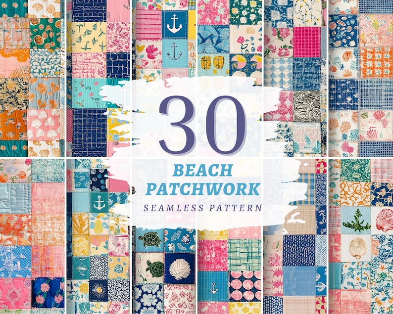 May include: A collection of 30 beach-themed patchwork seamless patterns. The patterns feature various designs, including anchors, seashells, turtles, and floral motifs, in a vibrant mix of colors like blue, pink, yellow, and green. The text "30 BEACH PATCHWORK SEAMLESS PATTERN" is displayed.
