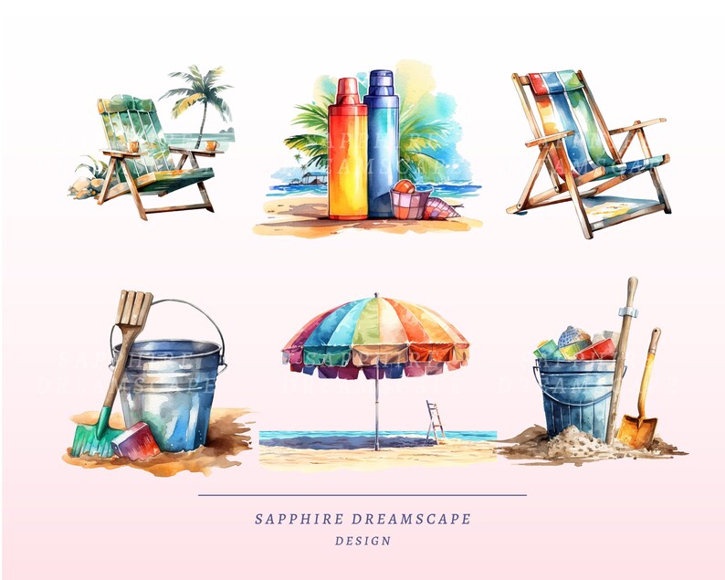 Może przedstawiać: Aquarela przedstawiająca przedmioty związane z plażą, w tym dwa leżaki, parasol plażowy, dwa wiaderka z łopatkami i dwie butelki kremu do opalania. Ilustracja jest umieszczona na jasnor&oacute;żowym tle z tekstem "SAPPHIRE DREAMSCAPE DESIGN" na dole.