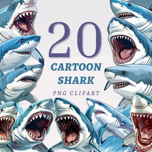 20 dibujos animados de tiburones, PNG transparentes de alta calidad, descarga instantánea, uso comercial: obras de arte de vida marina, ilustraciones de depredadores
