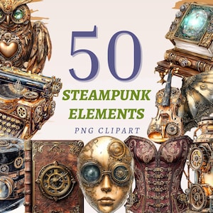 50 個のスチームパンク要素のクリップアート、高品質の透明な PNG、即時ダウンロード、商用利用 - SF ファンタジー イラスト、時計仕掛けのアート