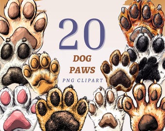 May include: A set of 20 digital illustrations of dog paws in various colors and styles. The paws are drawn in a realistic style with detailed fur and claws. The text "20 DOG PAWS PNG CLIPART" is displayed in the center of the image.