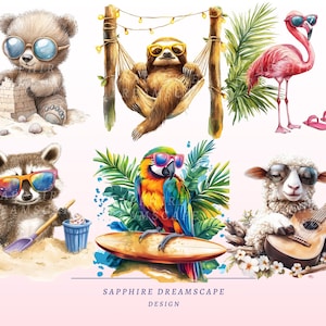 May include: A set of six digital illustrations featuring various animals wearing sunglasses and enjoying summer activities. A bear builds a sandcastle, a sloth relaxes in a hammock, a flamingo stands on one leg, a raccoon digs in the sand, a parrot surfs, and a sheep plays a guitar.