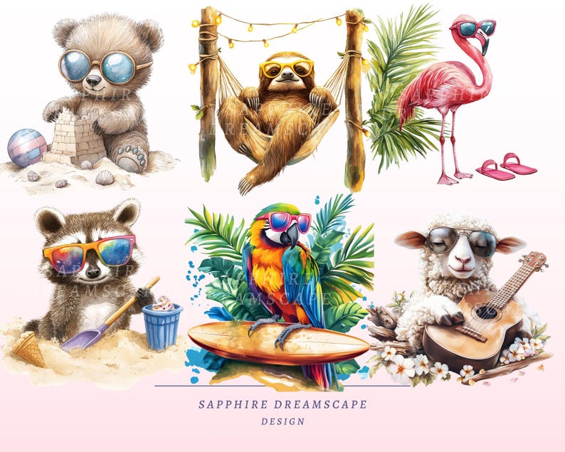 May include: A set of six digital illustrations featuring various animals wearing sunglasses and enjoying summer activities. A bear builds a sandcastle, a sloth relaxes in a hammock, a flamingo stands on one leg, a raccoon digs in the sand, a parrot surfs, and a sheep plays a guitar.