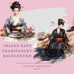 May include: Watercolor illustrations of women in traditional Japanese attire. One figure is in a blue and gray kimono, preparing tea. The other is in a black kimono with gold accents, surrounded by birds. Text: IMAGES HAVE TRANSPARENT BACKGROUND.