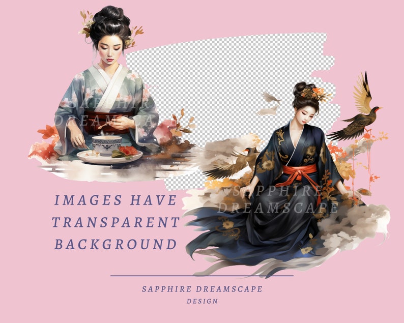 May include: Watercolor illustrations of women in traditional Japanese attire. One figure is in a blue and gray kimono, preparing tea. The other is in a black kimono with gold accents, surrounded by birds. Text: IMAGES HAVE TRANSPARENT BACKGROUND.