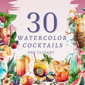 30 clipart di cocktail ad acquerello, PNG trasparenti di alta qualità con download istantaneo, uso commerciale - Arte unica per artigiani e designer