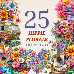 ヒッピーフローラルクリップアート25点、平和と愛のアートワーク、レトロな花のイラストバンドル、夏の雰囲気の印刷可能なグラフィック、フェスティバルパーティーの装飾バンドル