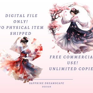 May include: Digital file featuring two watercolor illustrations of women in traditional Japanese attire, surrounded by cherry blossoms. The text reads "DIGITAL FILE ONLY! NO PHYSICAL ITEM SHIPPED" and "FREE COMMERCIAL USE! UNLIMITED COPIES".