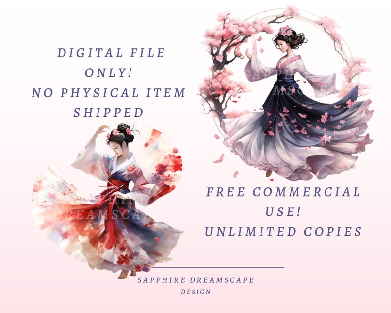 May include: Digital file featuring two watercolor illustrations of women in traditional Japanese attire, surrounded by cherry blossoms. The text reads "DIGITAL FILE ONLY! NO PHYSICAL ITEM SHIPPED" and "FREE COMMERCIAL USE! UNLIMITED COPIES".