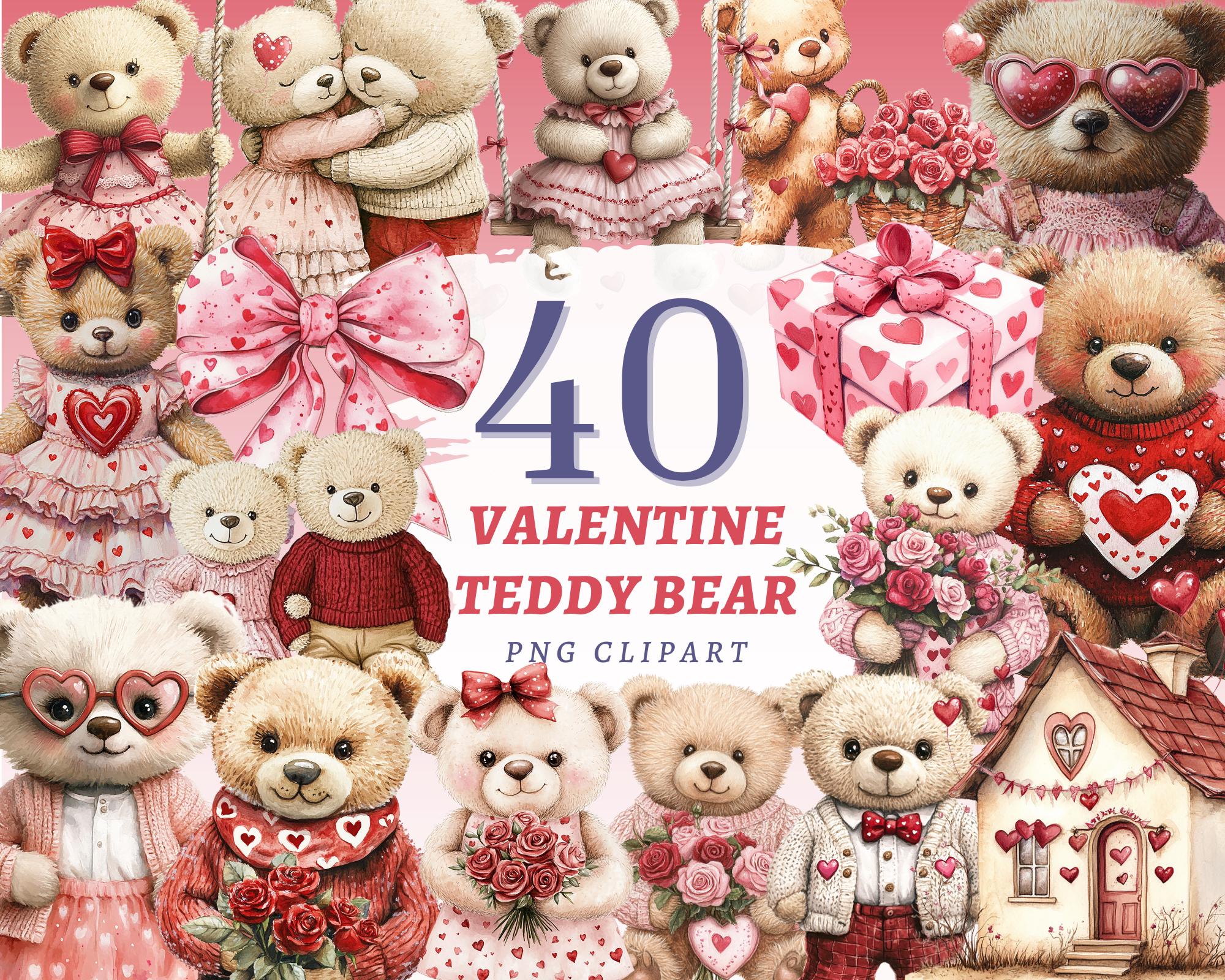 40 Valentine Teddy Bear PNG Clipart Bundle Cute Love Hearts for Cards ...