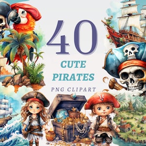 40 cliparts pirates mignons, PNG transparents de haute qualité, téléchargement immédiat, usage commercial - graphismes tête de mort, ensemble d'oeuvres d'art bateau pirate