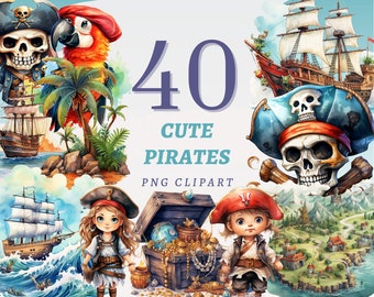 40 Cute Pirates Clipart, High Quality Transparent PNGs, Instant Download, Commercial Use - Skull and Bones graphics, Pirate Ship artwork set