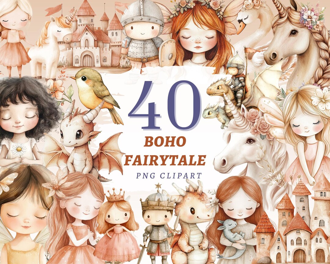 40 Boho Fairytale Clipart Set, Cute Nursery Characters Artwork ...