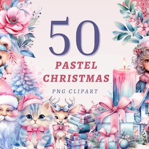 50 Clipart de Noël pastel, PNG transparents de haute qualité, Téléchargement instantané, Utilisation commerciale - Illustrations bleu rose, Ensemble imprimables de Noël