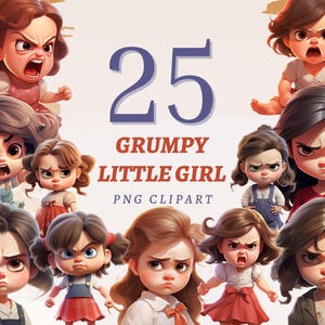 25 Grumpy Little Girl Clipart, High Quality Transparent PNGs, Instant Download, Commercial Use - Cartoon Baby print set, Angry Kid graphics