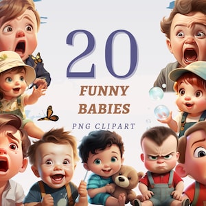 20 imágenes prediseñadas de bebés divertidos, PNG transparentes de alta calidad, descarga instantánea, uso comercial: gráficos de niños felices, conjunto de ilustraciones para niños