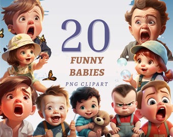 20 Funny Babies Clipart, High Quality Transparent PNGs, Instant Download, Commercial Use - Happy Toddler graphics, Kids Illustration set
