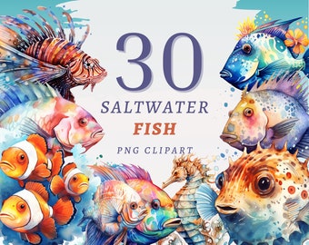 30 Saltwater Fish Clipart, High Quality Transparent PNGs, Instant Download, Commercial Use - Sea Animals, Ocean Fish, Tuna, Shark, Barracuda