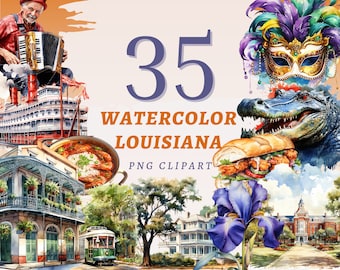 35 Watercolor Louisiana Clipart, High Quality Transparent PNGs, Instant Download, Commercial Use - Mississippi River graphic, Mardi Gras set