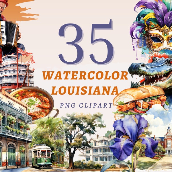 35 cliparts Louisiane aquarelle, PNG transparents de haute qualité, téléchargement immédiat, usage commercial - graphique du fleuve Mississippi, ensemble de Mardi Gras