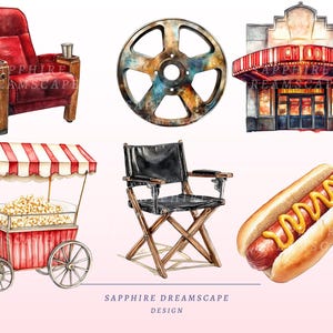 May include: Watercolor illustrations of cinema-themed items. Includes a red theater chair, a film reel, a movie theater, a popcorn cart, a director's chair, and a hot dog with mustard. The design is by Sapphire Dreamscape Design.