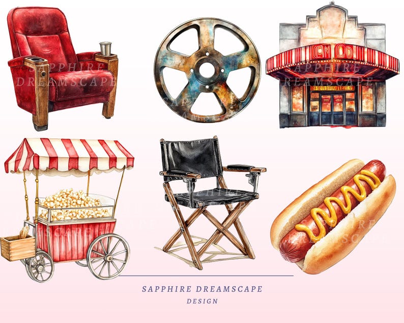 May include: Watercolor illustrations of cinema-themed items. Includes a red theater chair, a film reel, a movie theater, a popcorn cart, a director's chair, and a hot dog with mustard. The design is by Sapphire Dreamscape Design.