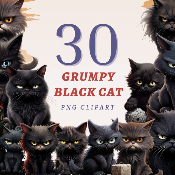 30 Grumpy Black Cat Clipart, High Quality Transparent PNGs, Instant Download, Commercial Use - Angry Cats Printable, Funny Pets artwork set