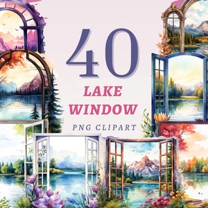 40 Lake Window Clipart, Hoge kwaliteit transparante PNGs, Instant Download, Commercieel gebruik - Lakeside landschap, Prachtige landschappen printables