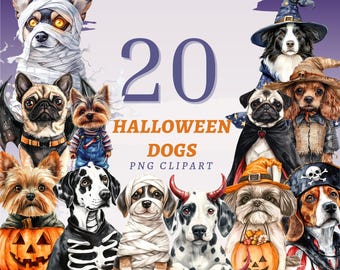 May include: A digital illustration featuring 20 dogs dressed in Halloween costumes. The dogs are depicted as a mummy, witch, pirate, and more. The text "20 Halloween Dogs PNG Clipart" is displayed in orange and white.