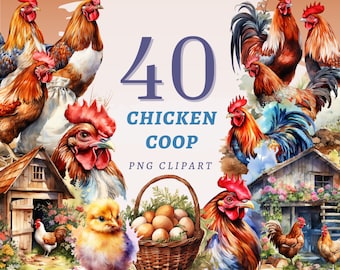 40 Chicken Coop Clipart, High Quality Transparent PNGs, Instant Download, Commercial Use - Chickens and Roosters Printables, Egg Basket set